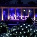 A huge lit Belton sign outside The Orangery welcomes visitors to Christmas At Belton 2024