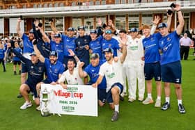Cuckney CC celebrate their Cawston Press Village Cup final win at Lord's