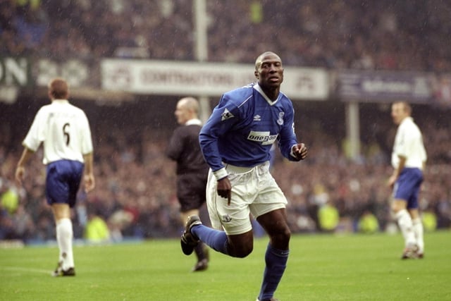 Kevin Campbell celebrates scoring for the Toffees.