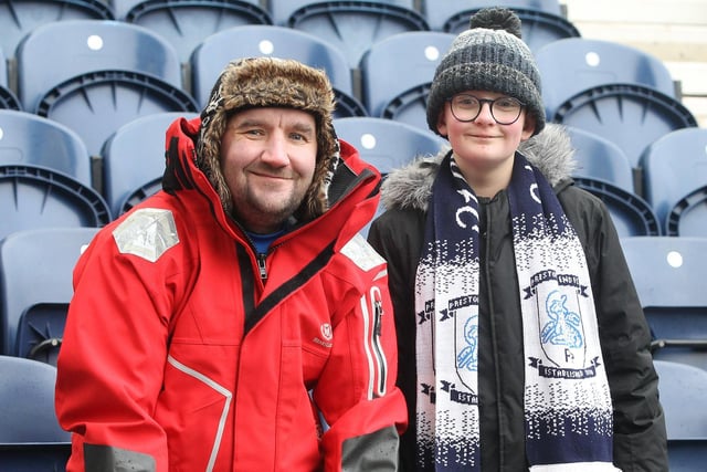 Two Preston fans wrap-up warm against the winter chill at Deepdale