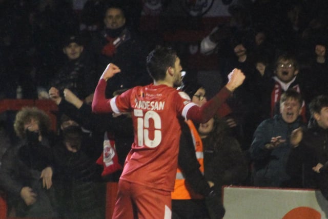 Ashley Nadesan celebrates his second goal. Crawley Town v Oldham Athletic. Picture by Cory Pickford SUS-220103-233752004