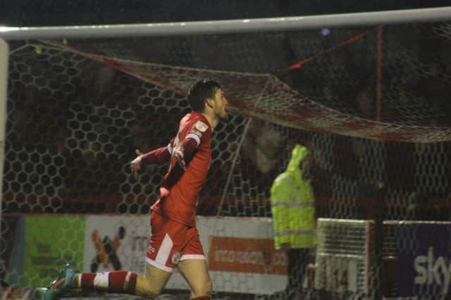 Ashley Nadesan celebrates. Crawley Town v Oldham Athletic. Picture by Cory Pickford SUS-220103-233740004