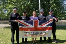 Nottinghamshire PCC Caroline Henry joins officers in raising the Armed Forces Day flag at County Hall