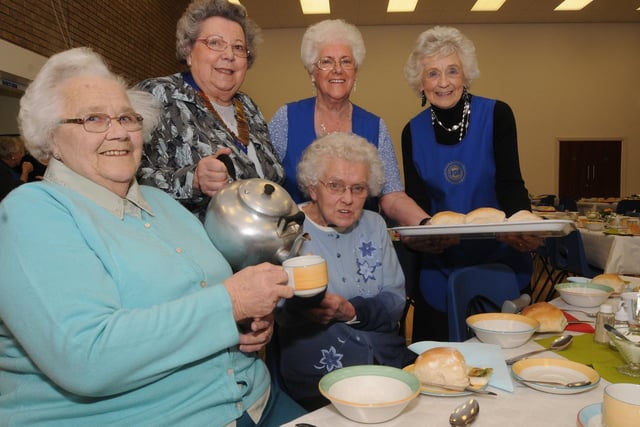 Members of the Hucknall Inner Wheel serve a winter warmer meal at the Central Methodist church picture shows from the left Jean Turner, Barbara Darlison president Edna Howell seated ,Brenda Ward and Marjorie Eyre in 2010.







.