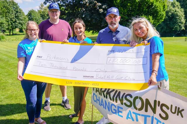 Celebrating with a cheque for £10,000 from the Parkinson's UK golf day at Bulwell Hall Golf Club are, from left Katie Thomas (Parkinson's UK), Tom Blackburn (Bulwell Hall GC), Rae Ingray, Simon and Toni Murphy