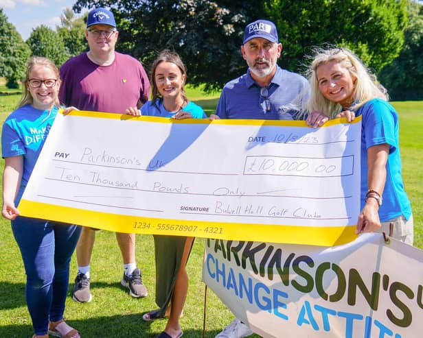 Celebrating with a cheque for £10,000 from the Parkinson's UK golf day at Bulwell Hall Golf Club are, from left Katie Thomas (Parkinson's UK), Tom Blackburn (Bulwell Hall GC), Rae Ingray, Simon and Toni Murphy