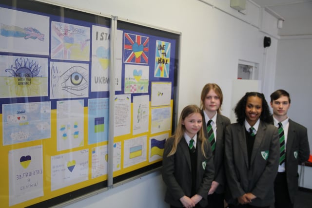 Students of Holgate Academy in Hucknall with a display of their letters for Ukrainian refugees