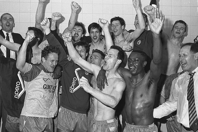 Joyous scenes in the dressing room after Stags completed their promotion mission against Rochdale.