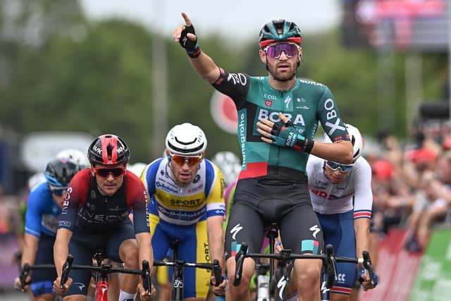Belgium's Jordi Meeus celebrates winning the Nottinghamshire stage of the Tour of Britain. Photo: Will Palmer/SWpix.com