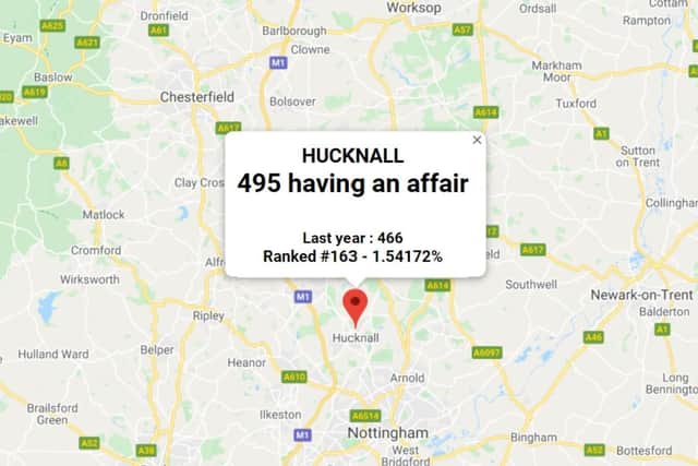 The map showing 495 people in Hucknall are having an affair