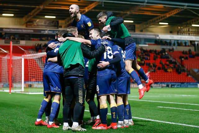 Stags celebrate George Lapslie's second goal against Doncaster Rovers on Saturday. Photo by Chris Holloway/The Bigger Picture.media