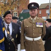 Standard bearers and military representatives standing proud ahead of the Hucknall parade. Photo: Lockie Laughland