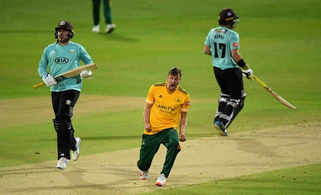 Jake Ball celebrates the wicket of Jason Roy during the Vitality Blast 20 Final against Surrey. (Photo by Alex Davidson/Getty Images)