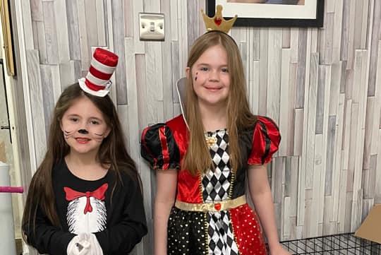 Alexa, age 7, as the Cat in the Hat and Summer, age 10, as the Queen of Hearts.