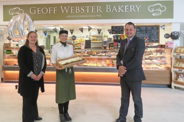 Council leader Jason Zadrozny and Coun Samantha Deakin with a member of staff from Ashfield business Geoff Webster Bakery