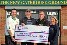 Hucknall Cricket Club hands over £650 boost to Cancer Research UK. Photo by Brian Pickering