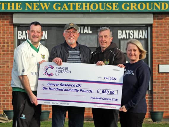 Hucknall Cricket Club hands over £650 boost to Cancer Research UK. Photo by Brian Pickering