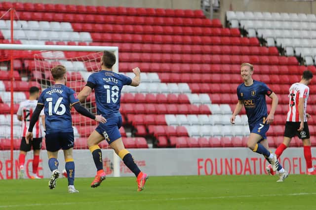Rhys Oates celebrates his winner at Sunderland on Saturday. Picture by Chris Holloway/The Bigger Picture.media