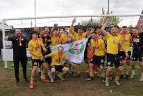 Hucknall Town celebrate their promotion success on Saturday.