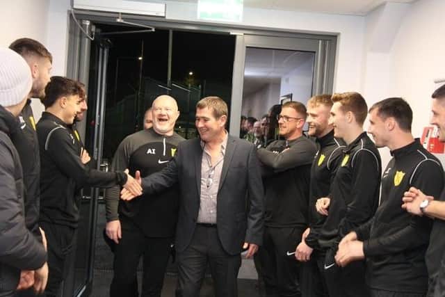 Nigel Clough meets the manager and players as he opens the new Hucknall Town ground.