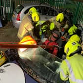 Hucknall firefighters took part in a training drill rescuing a person trapped in a crashed car. Photo: Other