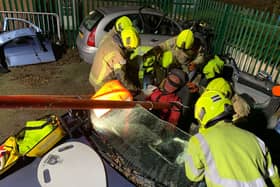 Hucknall firefighters took part in a training drill rescuing a person trapped in a crashed car. Photo: Other
