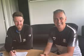 Basford United manager Steve Chettle (right) with new signing Adam Collin who arrives from Kettering Town (image: Basford United Football Club)