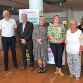 Pictured at the launch event are, from left: Andy Parkinson (FareShare Midlands), Lee Kimberley (Nottingham Catering), Dr Marsha Smith (Coventry University), Simone Connolly (FareShare Midlands), Bulwell councillor Cheryl Barnard, Jill Carter (Pulp Friction CIC) and Charis Richardson (Sainsbury’s)