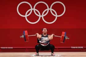 TOKYO, JAPAN - AUGUST 02: Emily Jade Campbell of Team Great Britain competes during the Weightlifting - Women's 87kg+ Group A on day ten of the Tokyo 2020 Olympic Games at Tokyo International Forum on August 02, 2021 in Tokyo, Japan. (Photo by Chris Graythen/Getty Images)