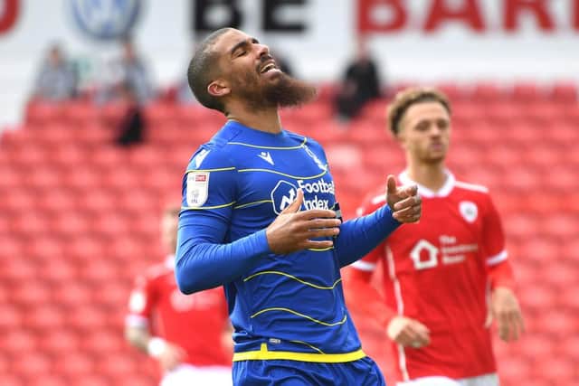 Lewis Grabban, of Nottingham Forest, reacts during the Carabao Cup First Round match at Barnsley.