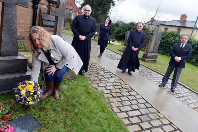 Marking the new Covid memorial stone at St Mary's Church in Bulwell are, from left, Eleanor Lang (church warden), Father Andrew Fisher, Kim Nichols (AW Lymn), Rev Bob Stephens, Tony Knowls (AW Lymn). Photo: Brian Eyre