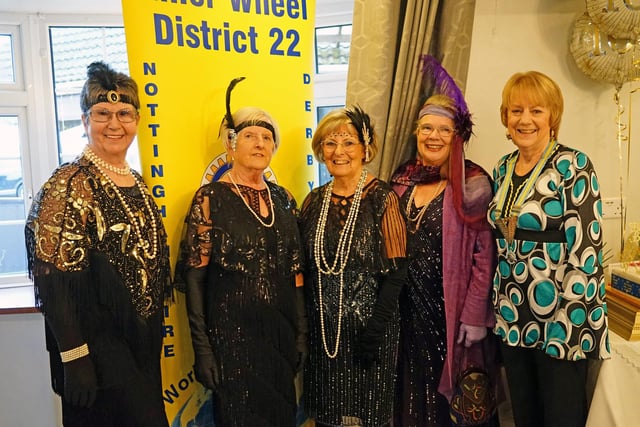 Di Hylton, Di Sardesai, Judith Rosser, Rachel Cooper and district chair, Mary Hind at The Hostess in Sookholme for an afternoon tea and fashion show event to mark the club's 100th birthday in January 2024.