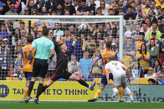 James Wilson heads home Port Vale’s second at Wembley - Picture by Richard Parkes