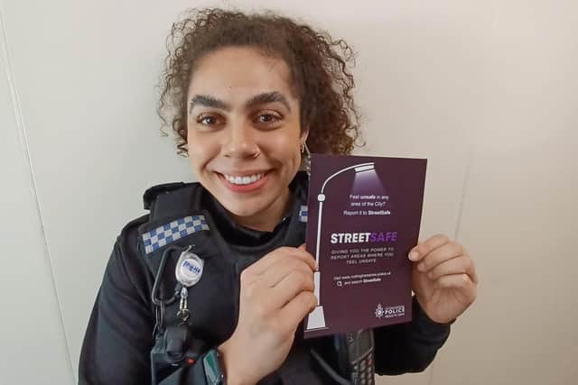 PC Leah Thompson with one of the StreetSafe leaflets that were handed out on the day