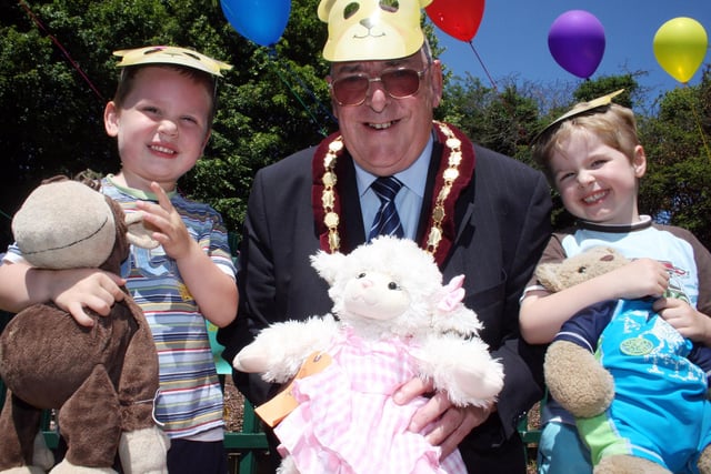 2009: At the Watnall Pre-School teddy bears' picnic are Jack Williams, four, Coun Keith Longdon, and Sam Halford-Maw, four.