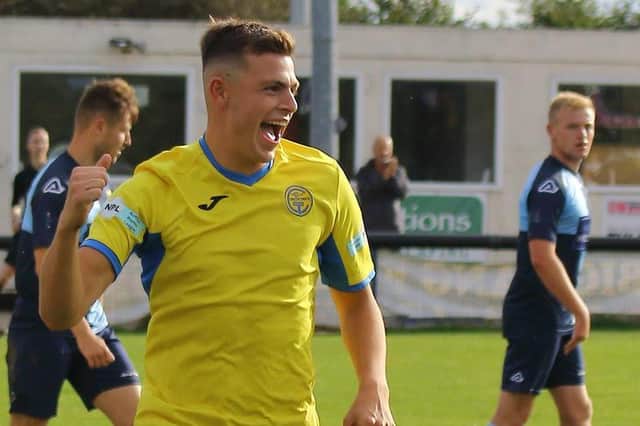 Oliver Clark - celebrating for Carlton Town in 2019 - has yet to feature for Basford United (Pic credit: Twitter/Steve Mack)