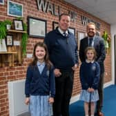Mark Spencer MP with Karl Clowery, head teacher of Flying High Academy, with Charlotte (left) and Hannah O’Hare