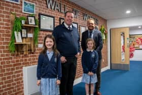 Mark Spencer MP with Karl Clowery, head teacher of Flying High Academy, with Charlotte (left) and Hannah O’Hare