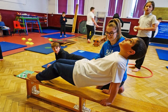 Samantha Scotland BethTweddle schools co-ordinator shares her gymnastic skills with the year six students.