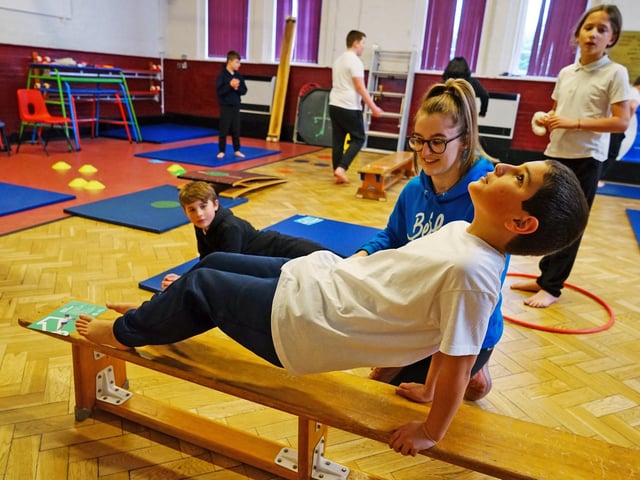 Samantha Scotland BethTweddle schools co-ordinator shares her gymnastic skills with the year six students.