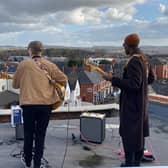Paying tribute to the Fab Four, a band played on the roof of Hucknall's Arc Cinema to celebrate the opening of the new Beatles film at venue this week