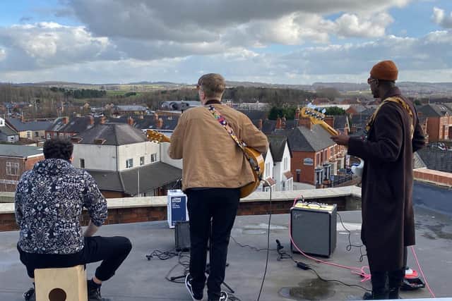 Paying tribute to the Fab Four, a band played on the roof of Hucknall's Arc Cinema to celebrate the opening of the new Beatles film at venue this week