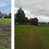 Nabb Park after the fair (left) and after the council had carried repair work on the ground