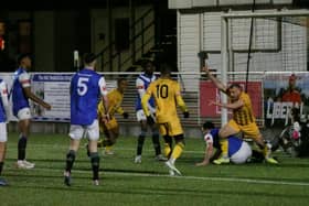 Dom Roma celebrates after putting Basford ahead, but they could only settle for a point against Stalybridge on Saturday.