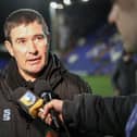 Mansfield Town manager Nigel Clough speaks to the media at Prenton Park.