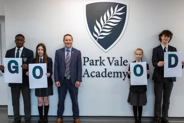 Head teacher Steve Bowhay celebrates with pupils after Park Vale Academy, in Top Valley, earned the first 'Good' rating from education watchdog, Ofsted, in the school's history.