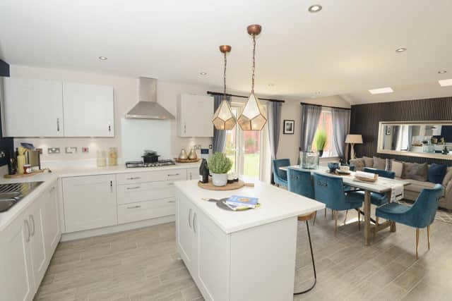 The kitchen/dining/family room in the Bosworth showhome at Bellway’s Sherwood Gate development