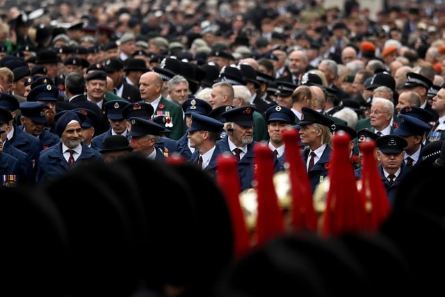 Military and service personnel line up ahead of the march past at the Remembrance Sunday service at the Cenotaph, in Whitehall, London. Picture date: Sunday November 14, 2021.