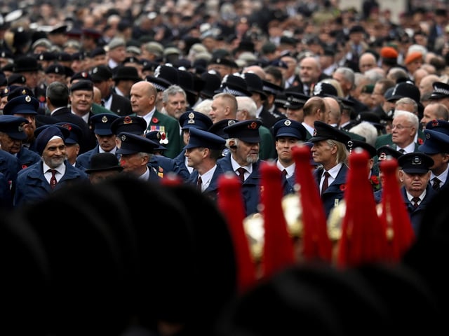 Military and service personnel line up ahead of the march past at the Remembrance Sunday service at the Cenotaph, in Whitehall, London. Picture date: Sunday November 14, 2021.