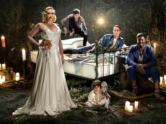 National Theatre's production of A Midsummer Night's Dream. Pictured left to right are Gwendoline Christie, David Moorst, Ryan Bawa, Oliver Chris and Hammed Animashaun. Photo by Perou.